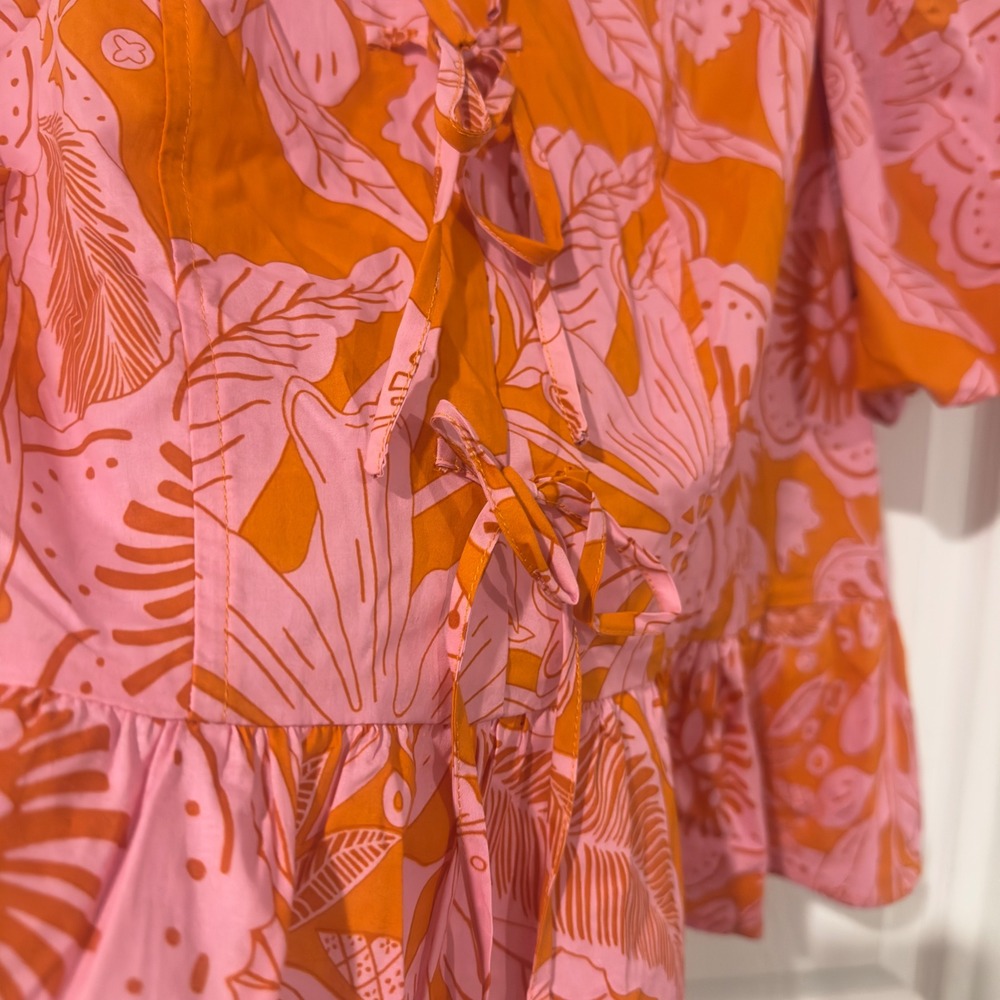 Melloday Womens Pink Orange Floral Puff Sleeve Peplum Tie Front Blouse Large - Picture 5 of 7